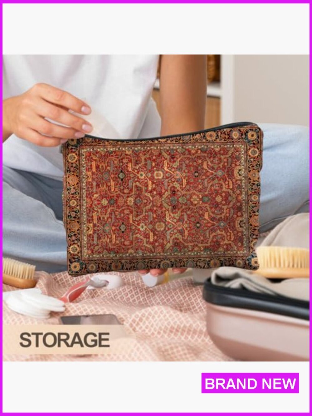 Vintage Boho Ethnic Pattern Cosmetic Bag Linen Makeup Organizer Zipper Closure - Picture 6 of 6